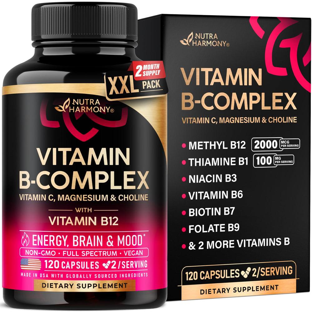 NutraHarmony Vitamin B Complex bottle showing full-spectrum blend for daily energy
