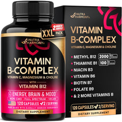 NutraHarmony Vitamin B Complex bottle showing full-spectrum blend for daily energy