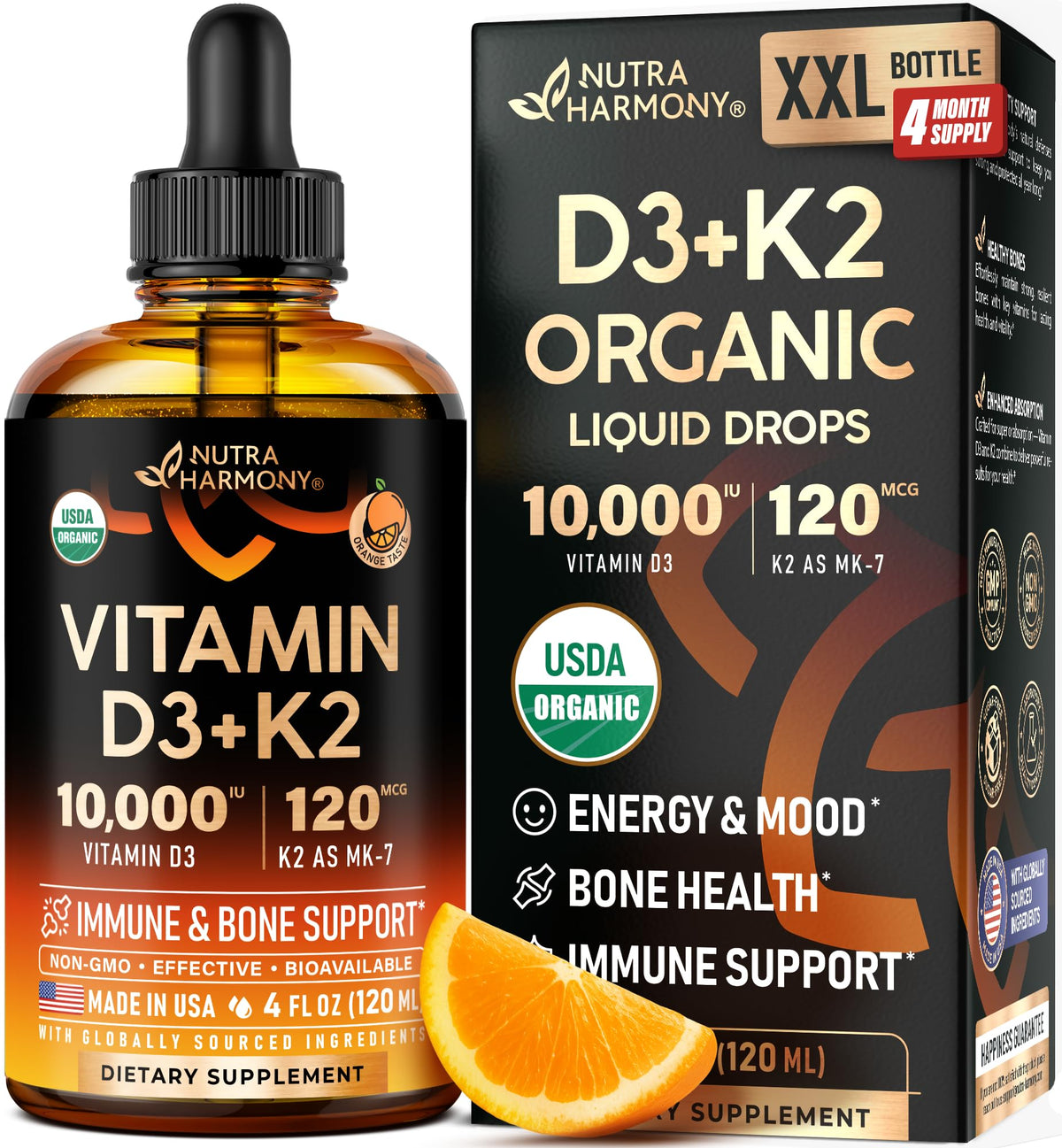 NUTRAHARMONY vitamin d3-k2 drops bottle showcasing bone and immune support