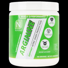NutraKey Arginine Powder 250 g jar shown for easy daily dosing in workouts.