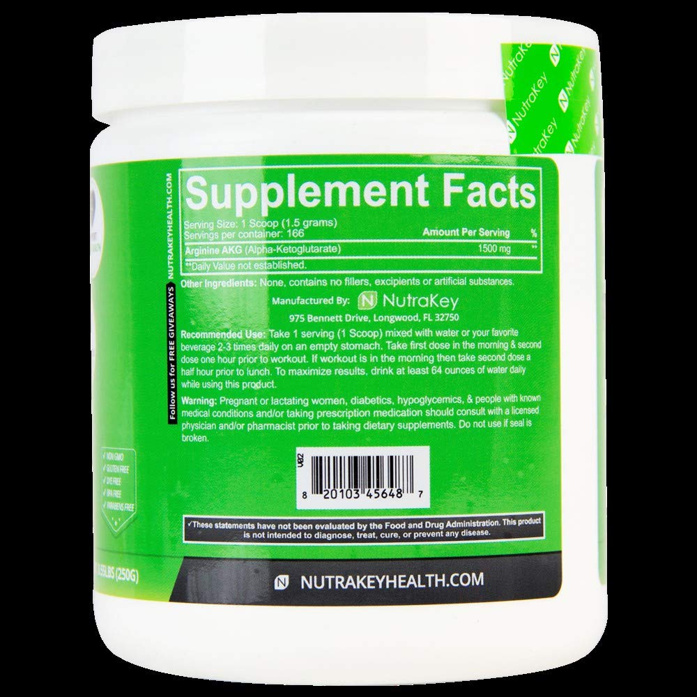NutraKey Arginine Powder label close-up highlighting ingredients and details.