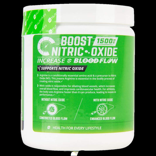 NutraKey Arginine Powder with scoop, ready for pre-workout mixing.