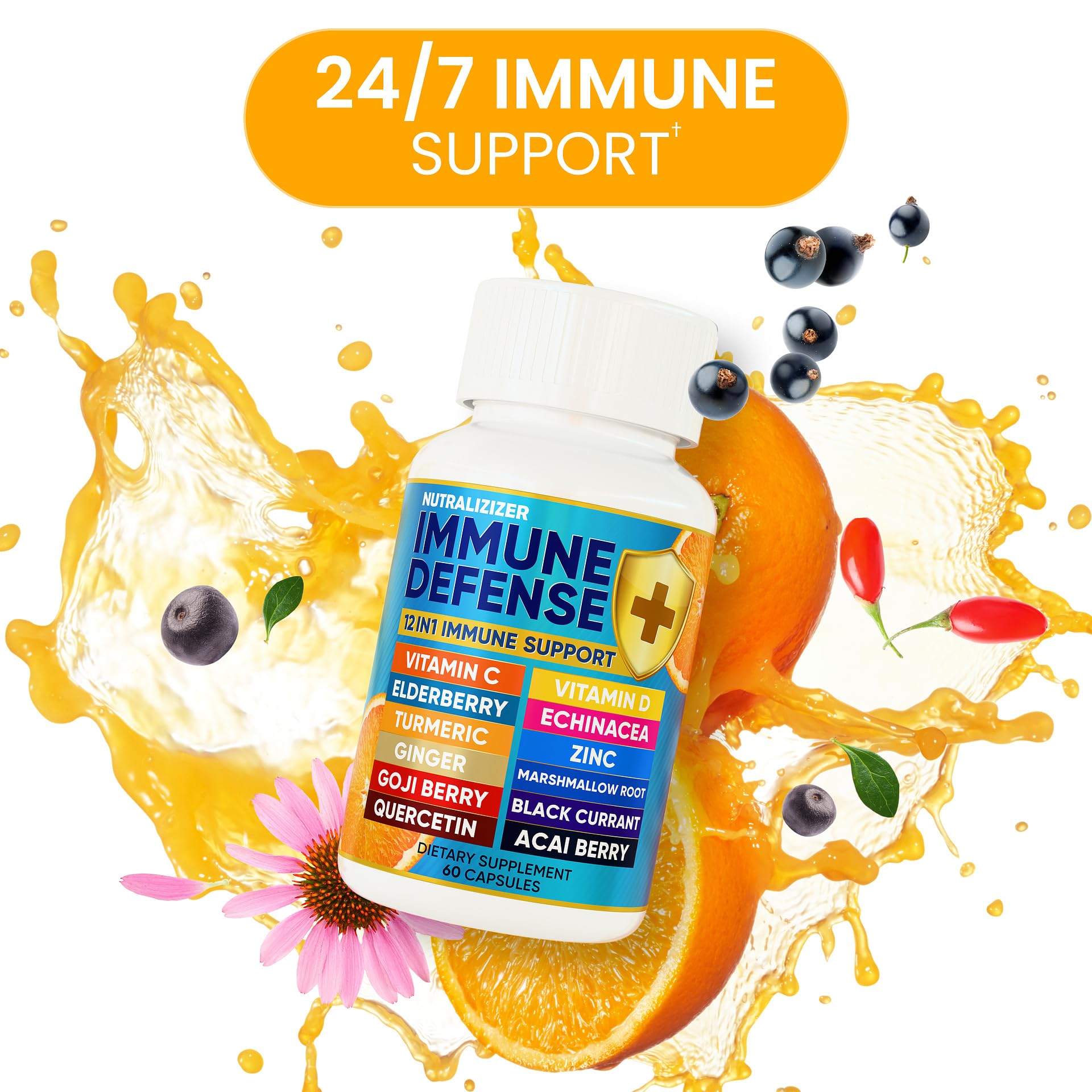 NUTRALIZIZER elderberry and ginger imagery emphasizing natural ingredients for immune wellness.