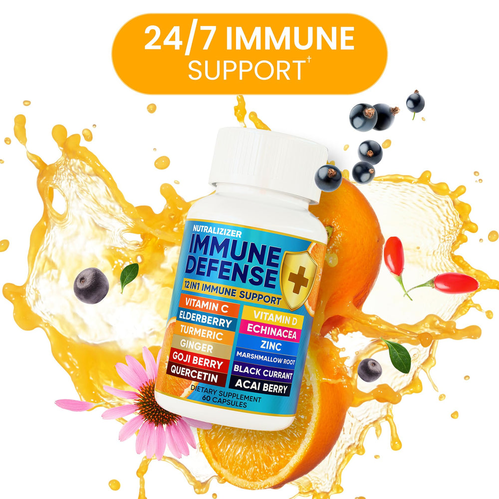 NUTRALIZIZER elderberry and ginger imagery emphasizing natural ingredients for immune wellness.
