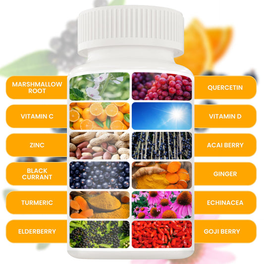 NUTRALIZIZER ingredients in glass bottle highlighting zinc, vitamin C, and elderberry for immune wellness.