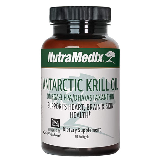 NutraMedix Antarctic Krill Oil bottle with softgels for daily omega-3 support.