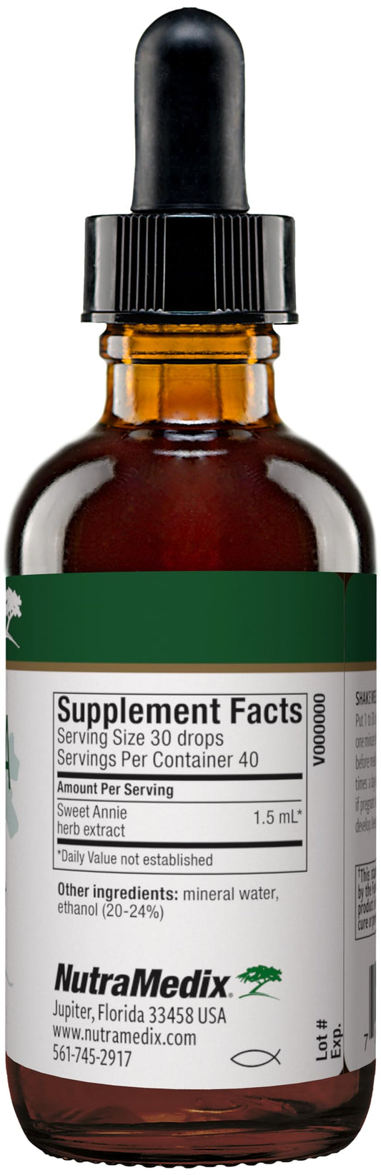NutraMedix Artemisia Annua dropper close-up suggests precise dosing and antioxidant support