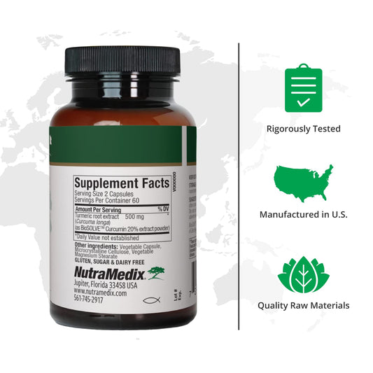 Close-up of NutraMedix Curcumin capsules for immune support.