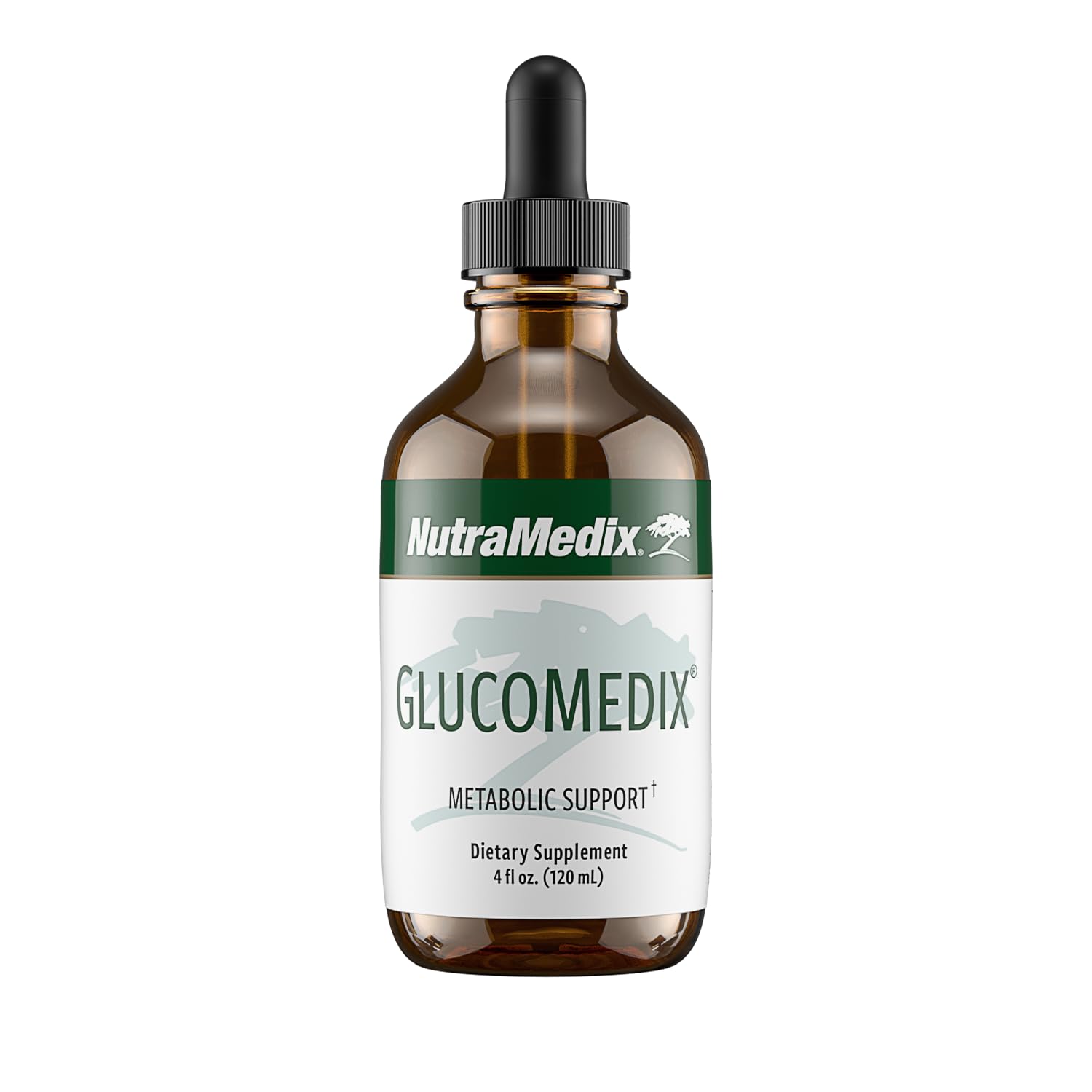 NutraMedix GlucoMedix bottle with dropper near glass, highlighting easy-to-use liquid support.
