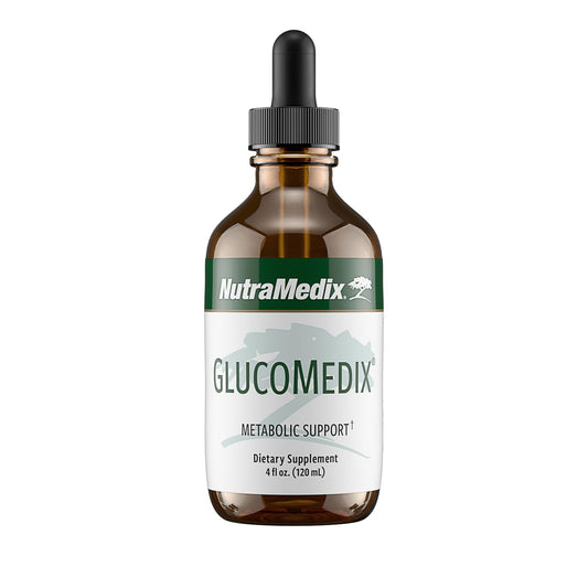 NutraMedix GlucoMedix bottle with dropper near glass, highlighting easy-to-use liquid support.