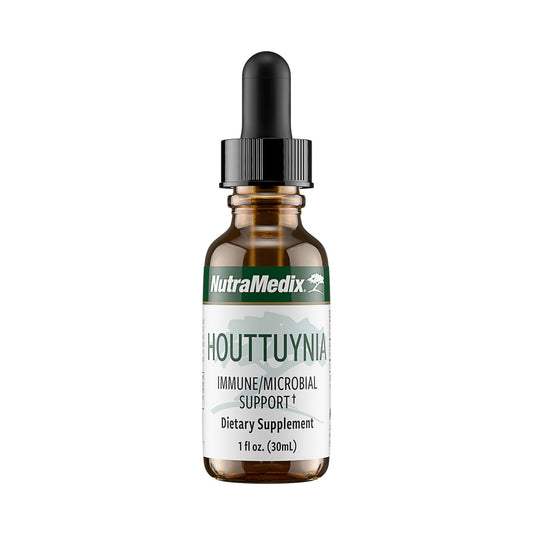 NutraMedix Houttuynia bottle pour shows easy daily use for digestion support.