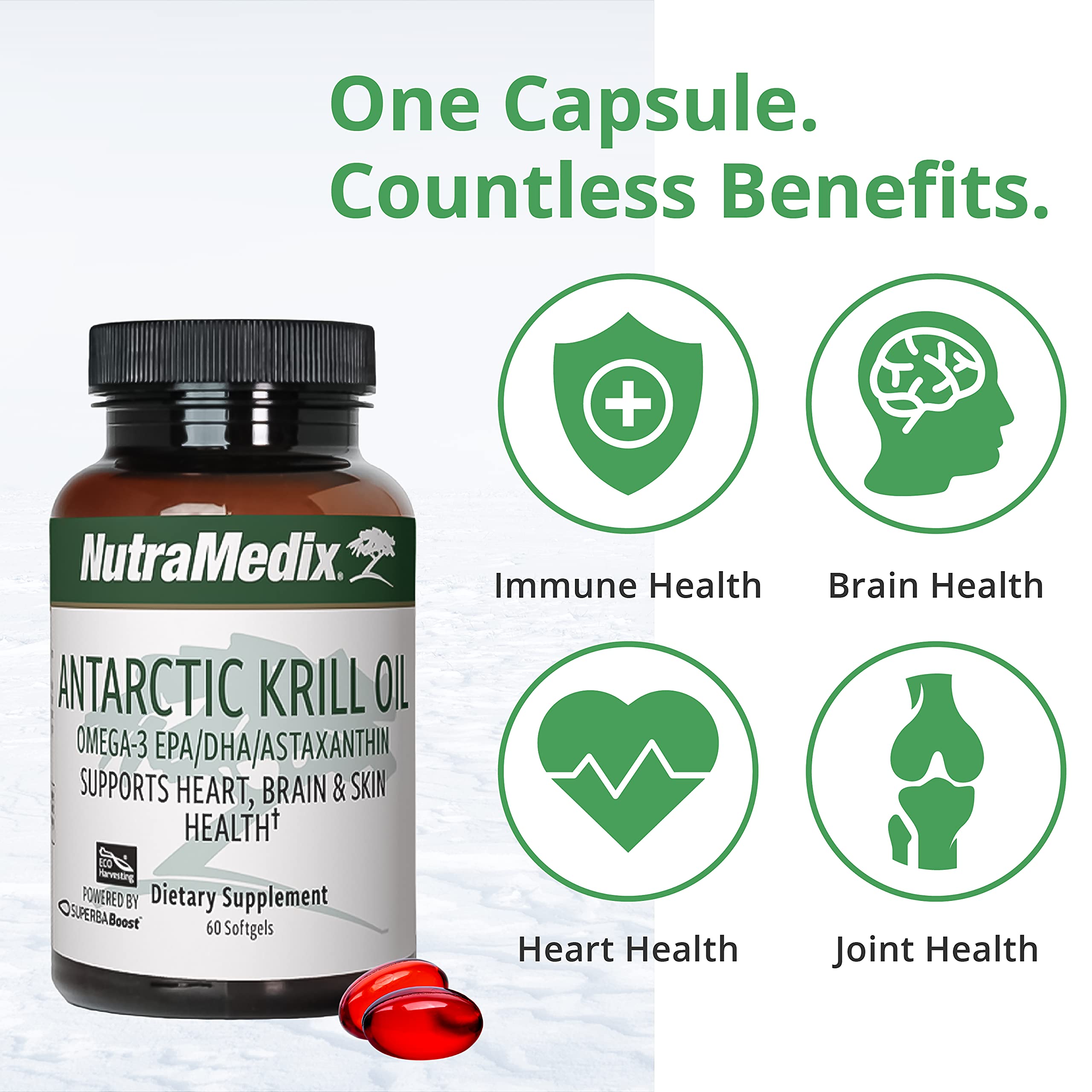 NutraMedix krill oil capsules ready to swallow for brain and heart health.