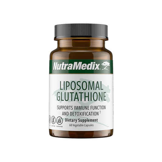 NutraMedix Liposomal Glutathione bottle shown for easy absorption and detox support.