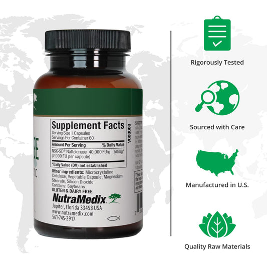 NutraMedix Nattokinase capsules close-up showing smooth coated capsules for daily use.