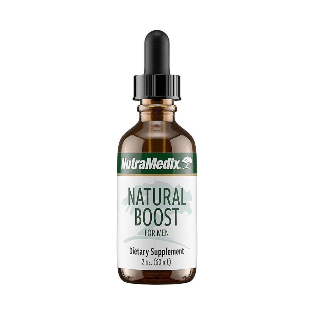 NutraMedix Natural Boost for Men bottle illustrates an energy-support formula.