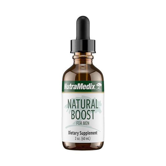 NutraMedix Natural Boost for Men bottle illustrates an energy-support formula.