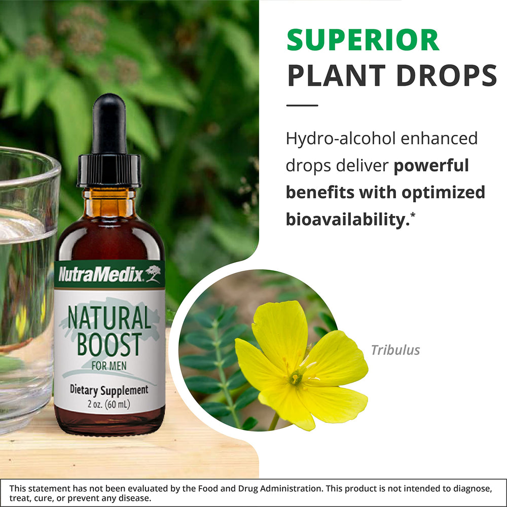 NutraMedix Natural Boost for Men bottle features ginkgo biloba and maca root.