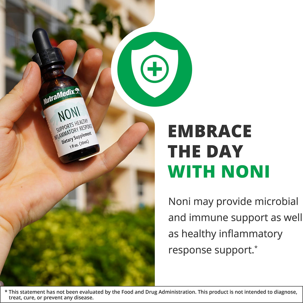 NutraMedix Noni Drops close-up of noni fruit extract highlighting natural ingredients.