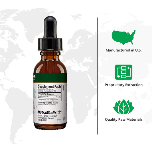 NutraMedix Noni Drops pour spout shown for easy dosing in daily wellness.