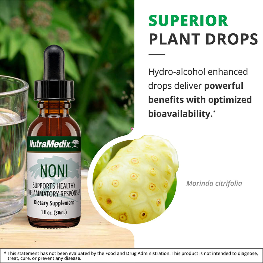 NutraMedix Noni Drops lifestyle shot using drops in water.