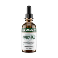 NutraMedix Nutra BBS bottle pour, highlighting liquid supplement for gut support.