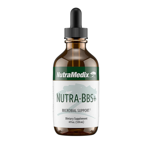 NutraMedix Nutra-BBS+ bottle label highlights microbial and antioxidant support.