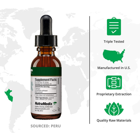 NutraMedix Quina drops ready for dosage, easy to mix with water.