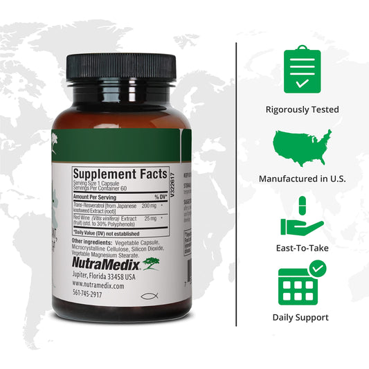 NutraMedix Resveratrol bottle side label with ingredients and usage notes