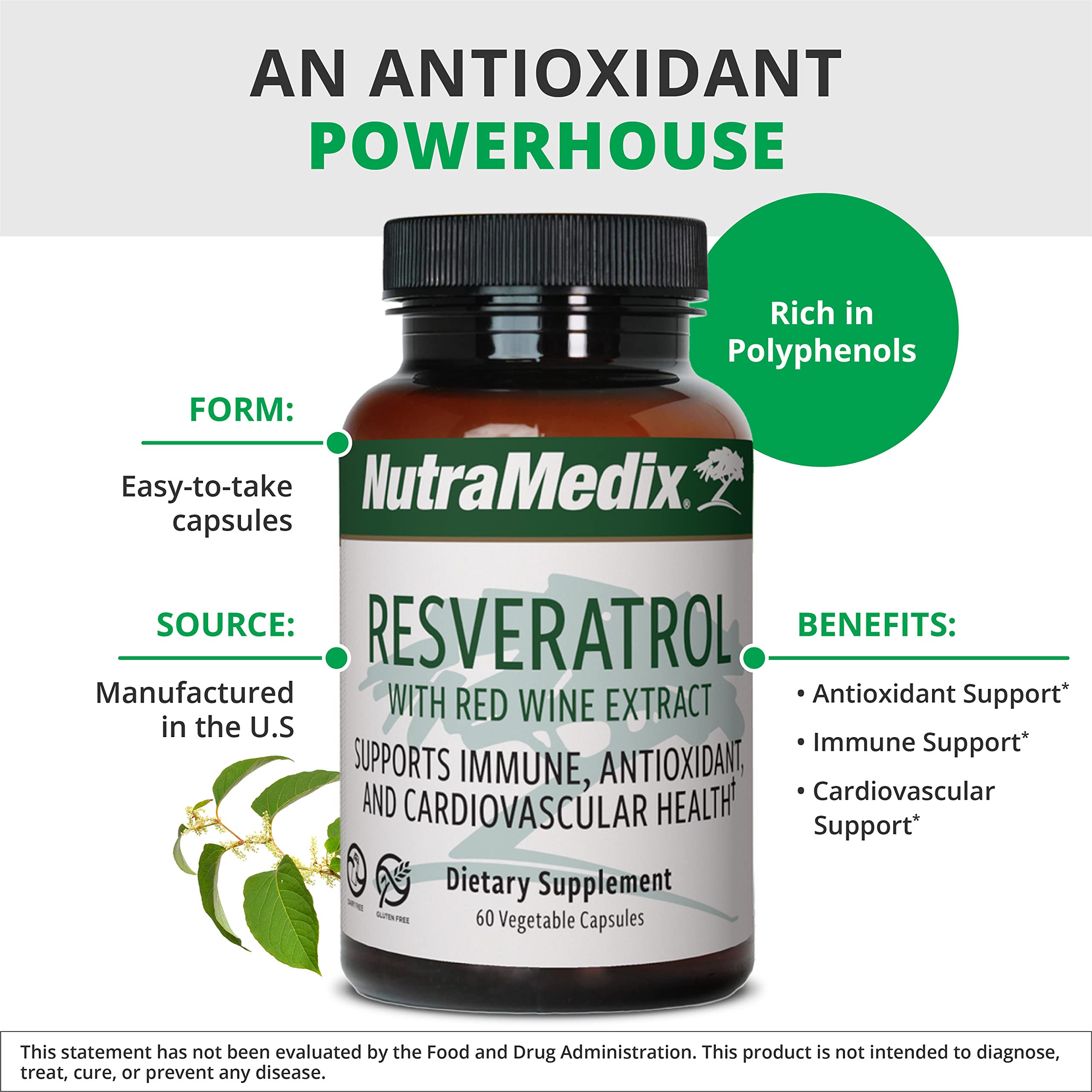 NutraMedix Resveratrol ingredients panel highlights red wine extract and knotweed polyphenols