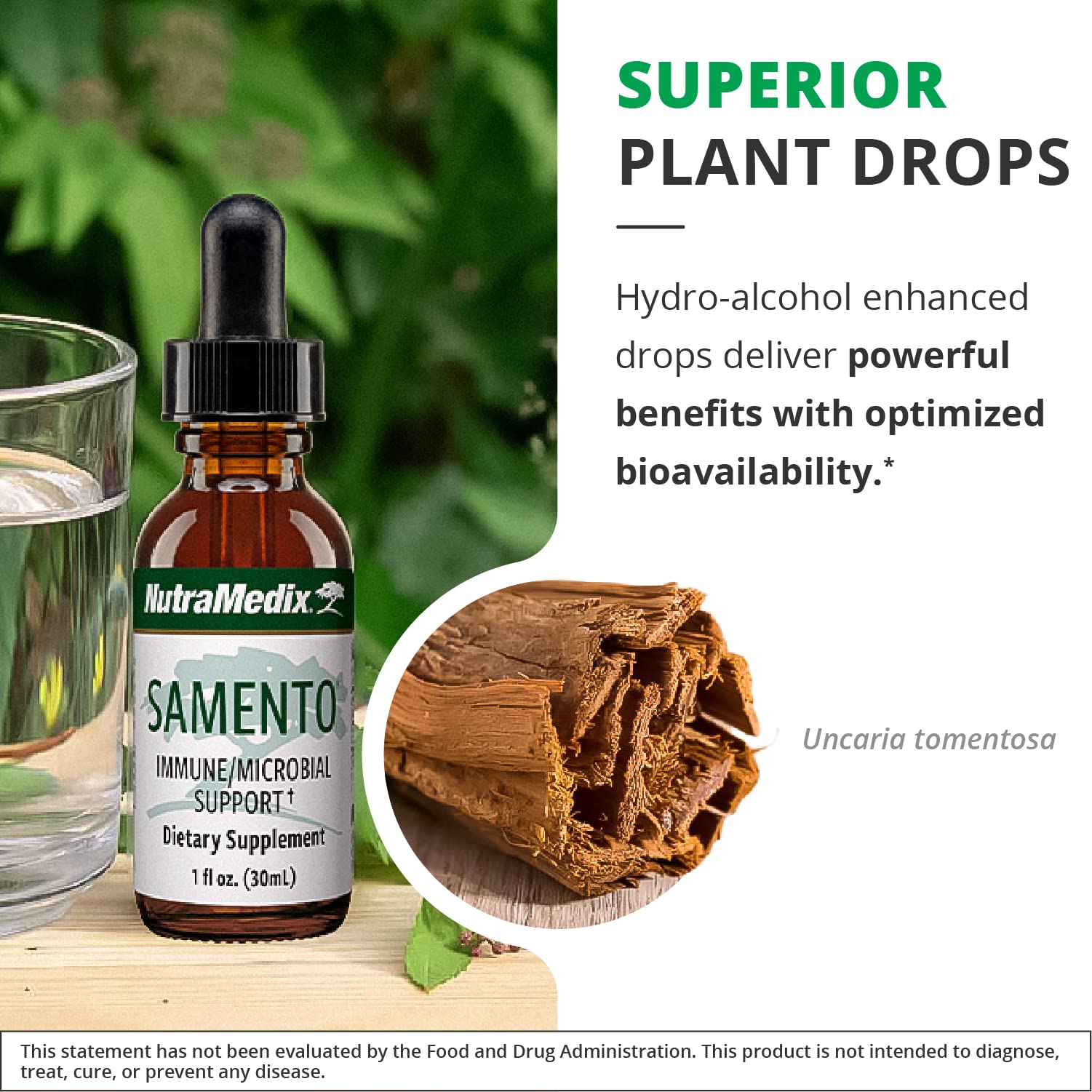 NutraMedix Samento bottle with herbal garnish suggesting natural support.