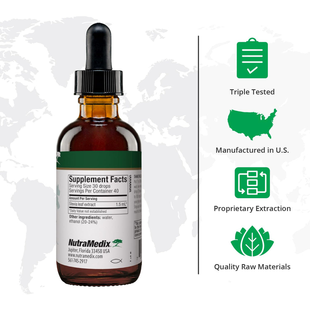 NutraMedix Sweet Leaf Stevia Liquid Drops dropper shows precise dosage for customizable sweetness.