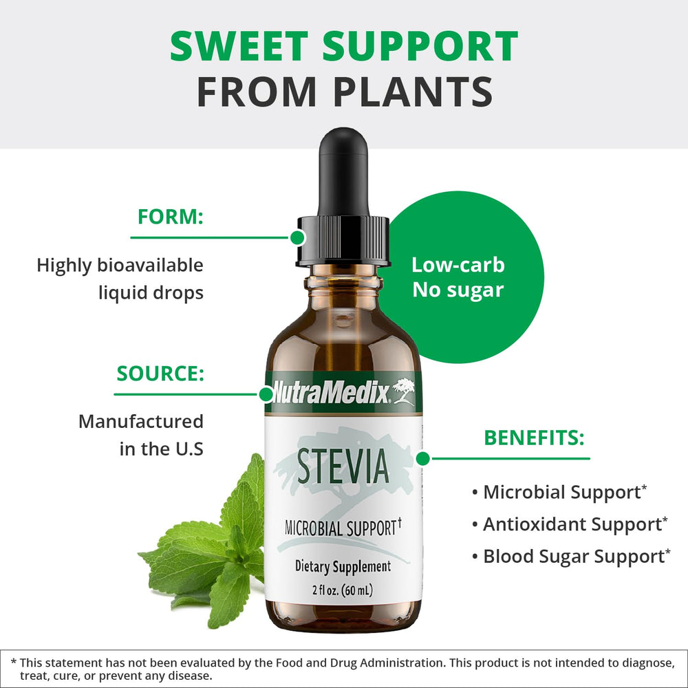 NutraMedix Sweet Leaf Stevia Liquid Drops label close-up highlighting natural stevia extract.