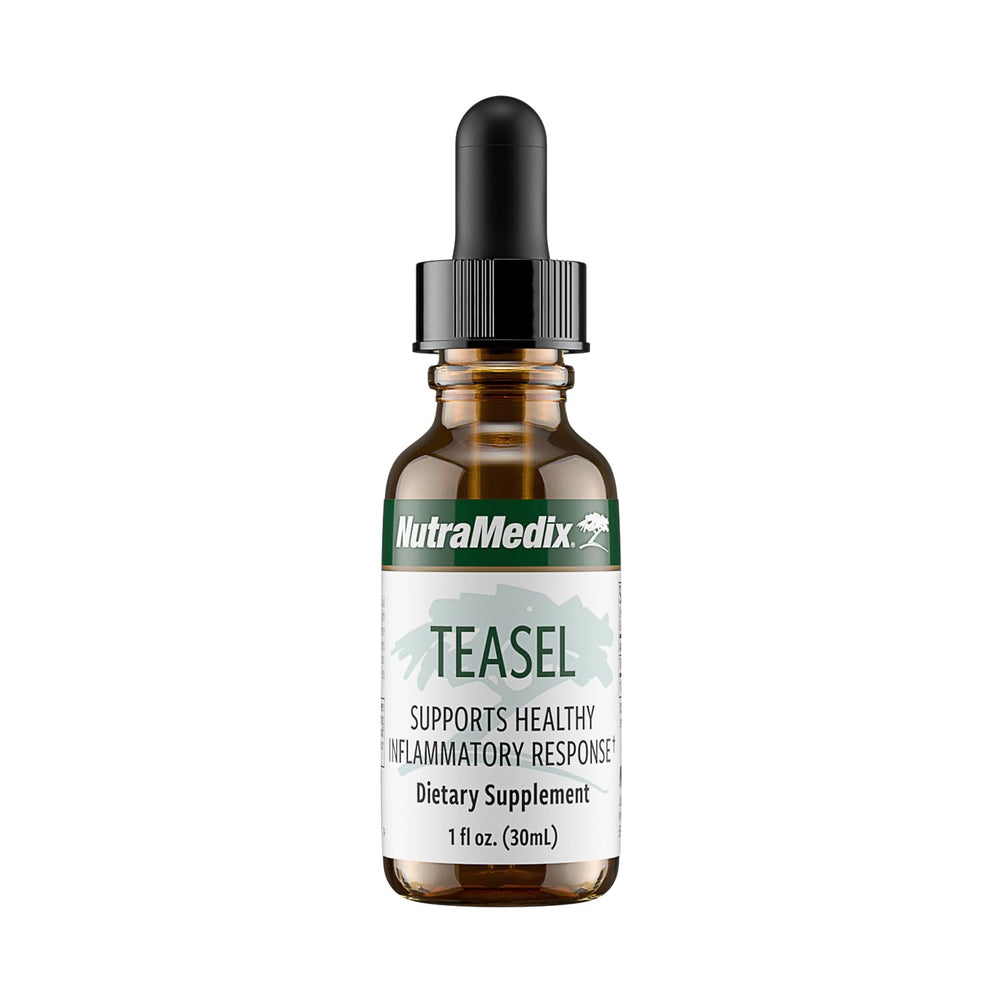 NutraMedix Teasal Extract bottle pour illustrates easy dosing for daily antioxidant support.