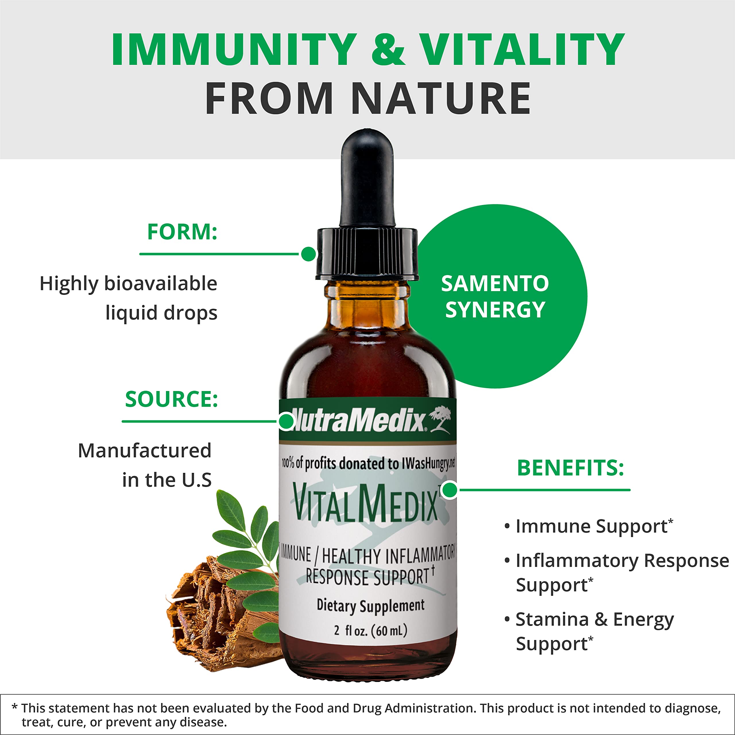 NutraMedix VitalMedix samento extract amber bottle indicates immune support herb.