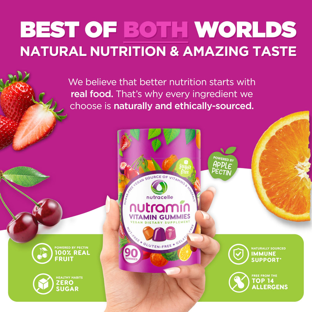 Nutramin vegan gummies cherry close-up highlighting soft texture and berry taste