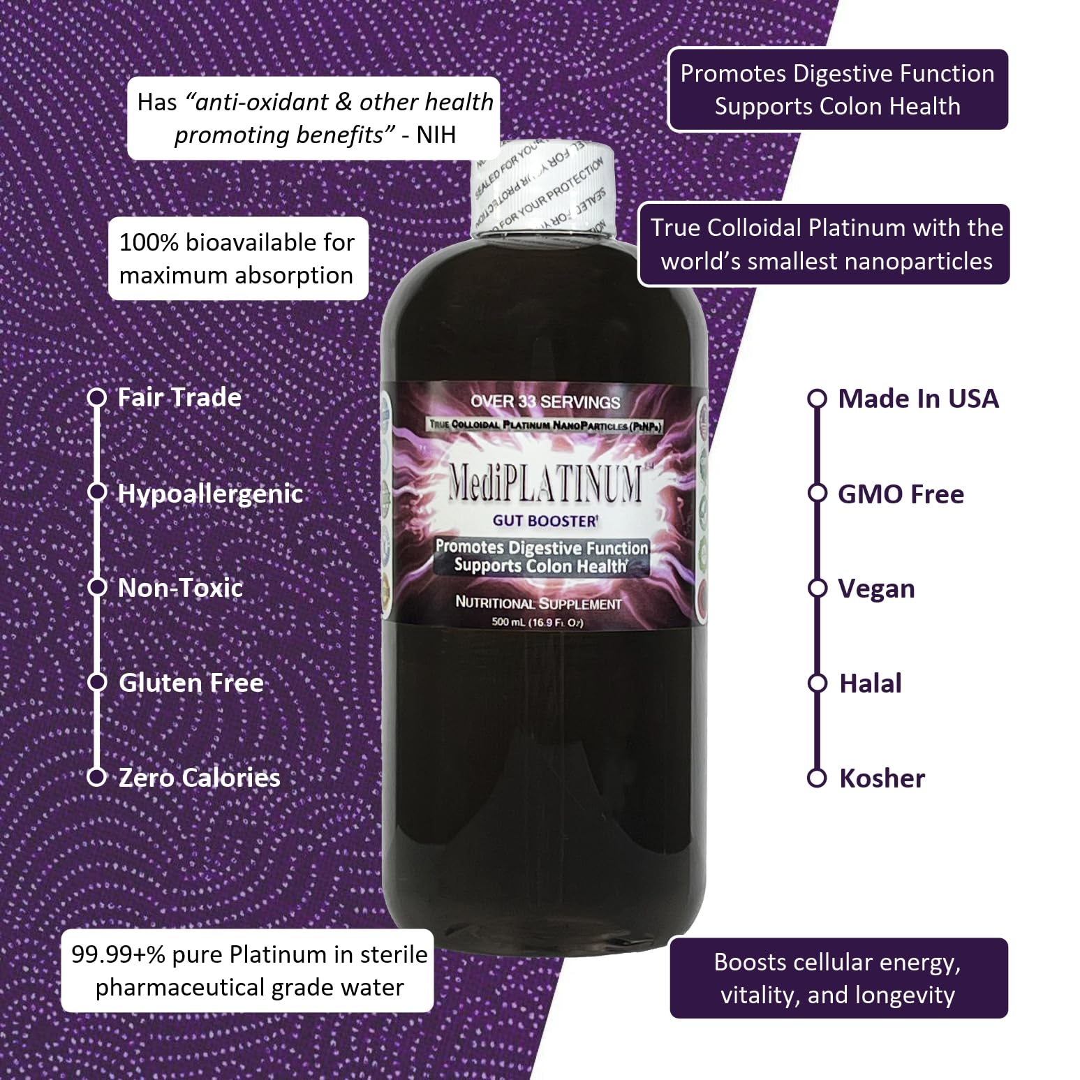 Nutraneering MediPLATINUM bottle side label showing 20 ppm concentration