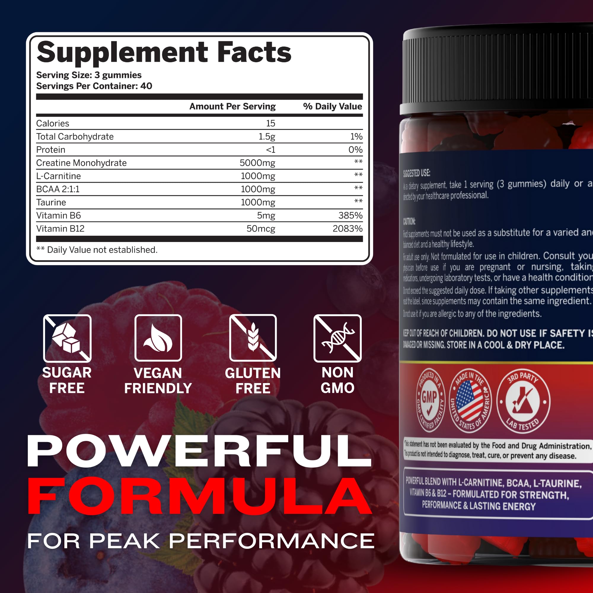 Nutraonda berry gummies serving displaying creatine and BCAA for endurance
