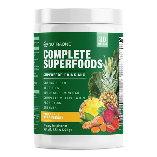 NutraOne Complete Superfoods bottle front with pineapple-strawberry flavor for daily support