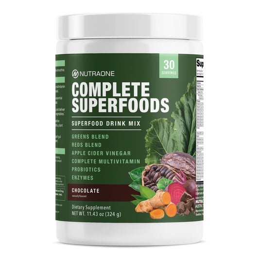 NutraOne Complete Superfoods bottle front for easy daily greens and reds boost.