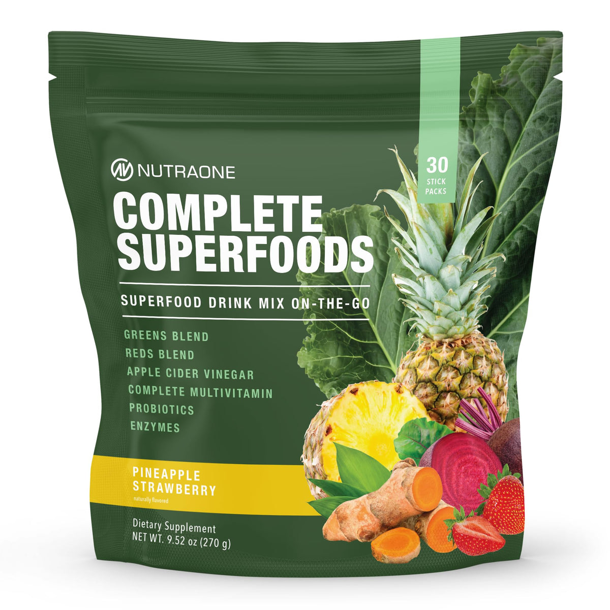 NutraOne Complete Superfoods bottle on shelf, greens and reds blend for daily vitality.