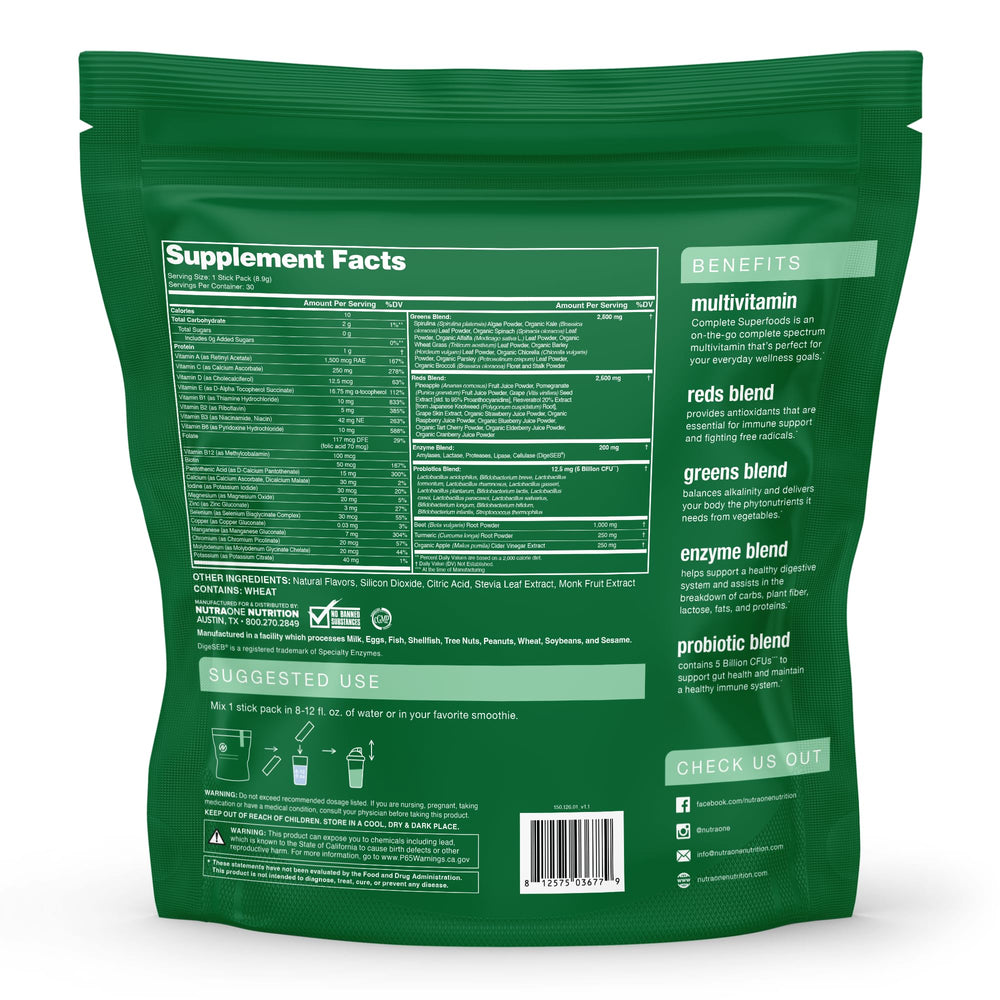 NutraOne Complete Superfoods bottle image showing packaging for routine use.