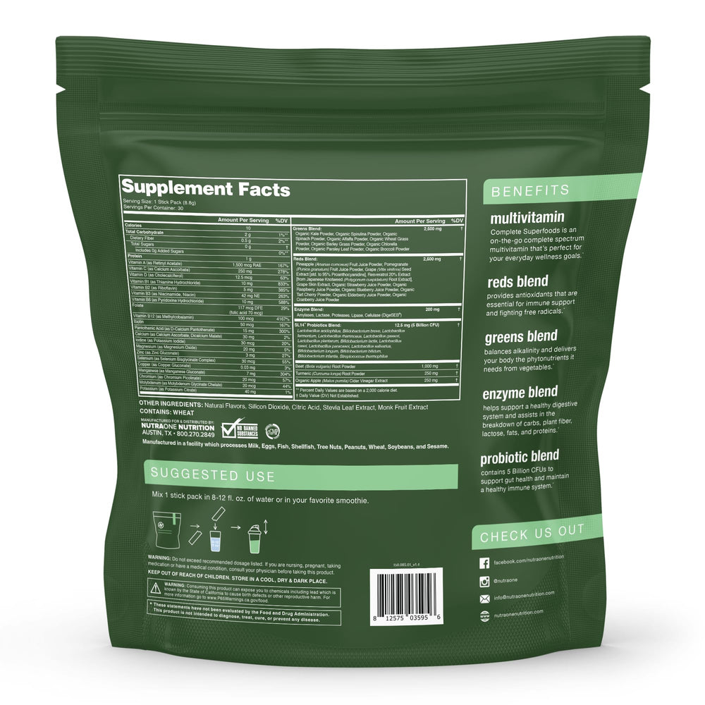 NutraOne Complete SuperFoods container shows greens and reds blend for daily nutrition