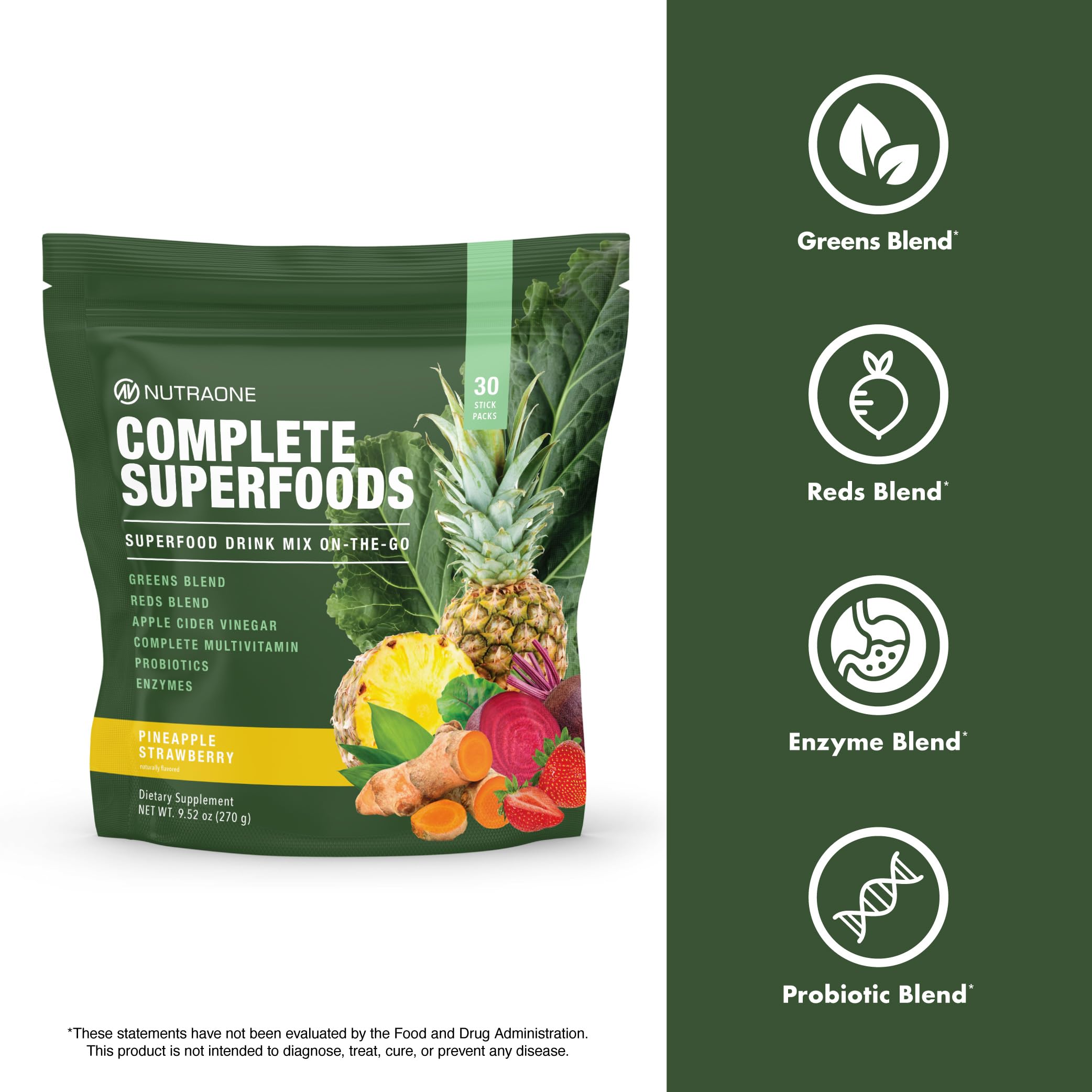 NutraOne greens and reds ingredients displayed with fruits and vegetables.
