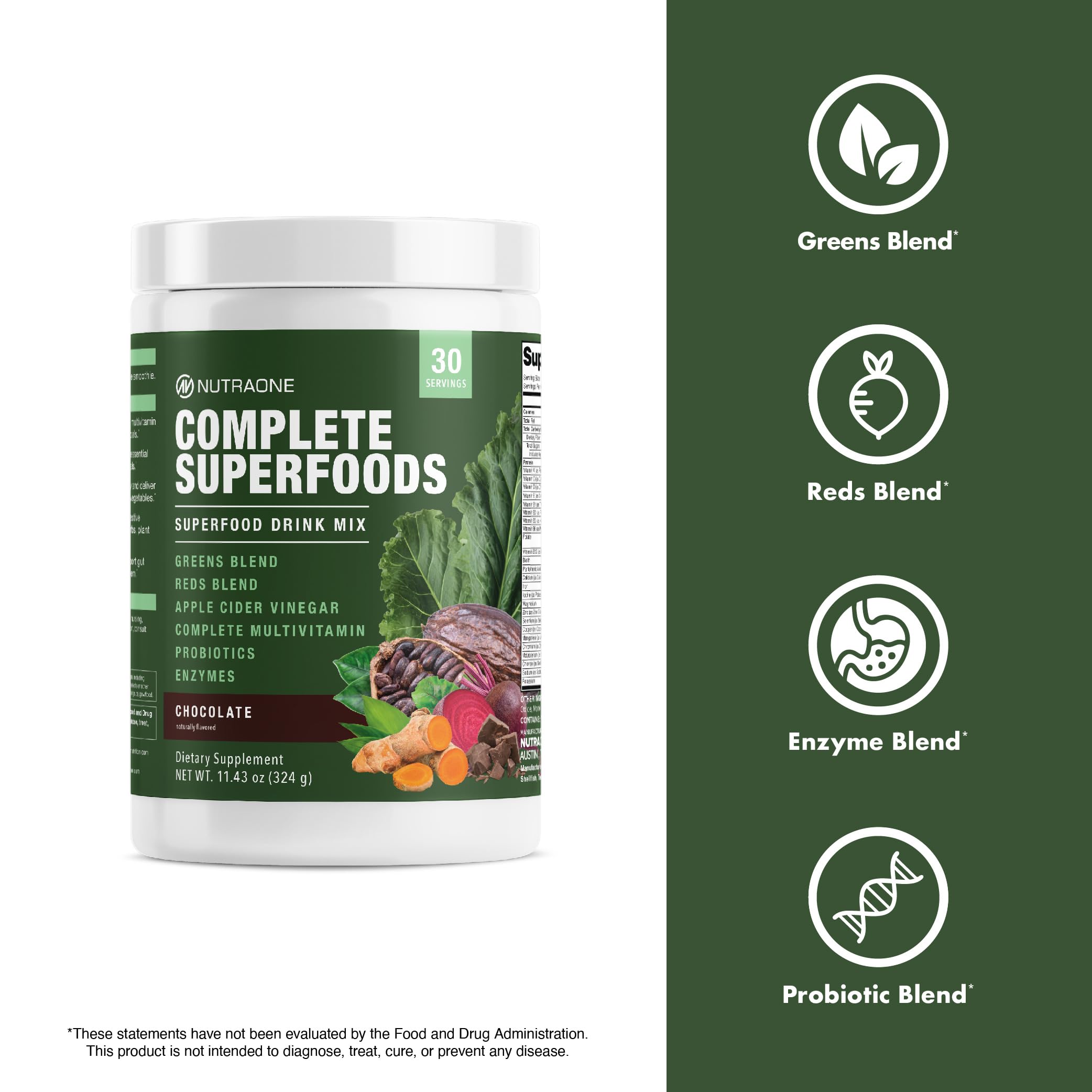 NutraOne Complete Superfoods glass with smoothie for daily nutrition.