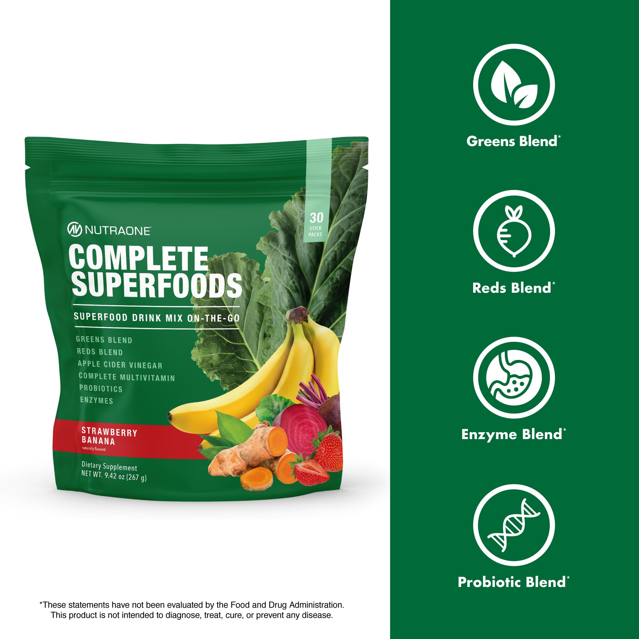 NutraOne Complete Superfoods greens-reds blend in one scoop for nutrient variety.