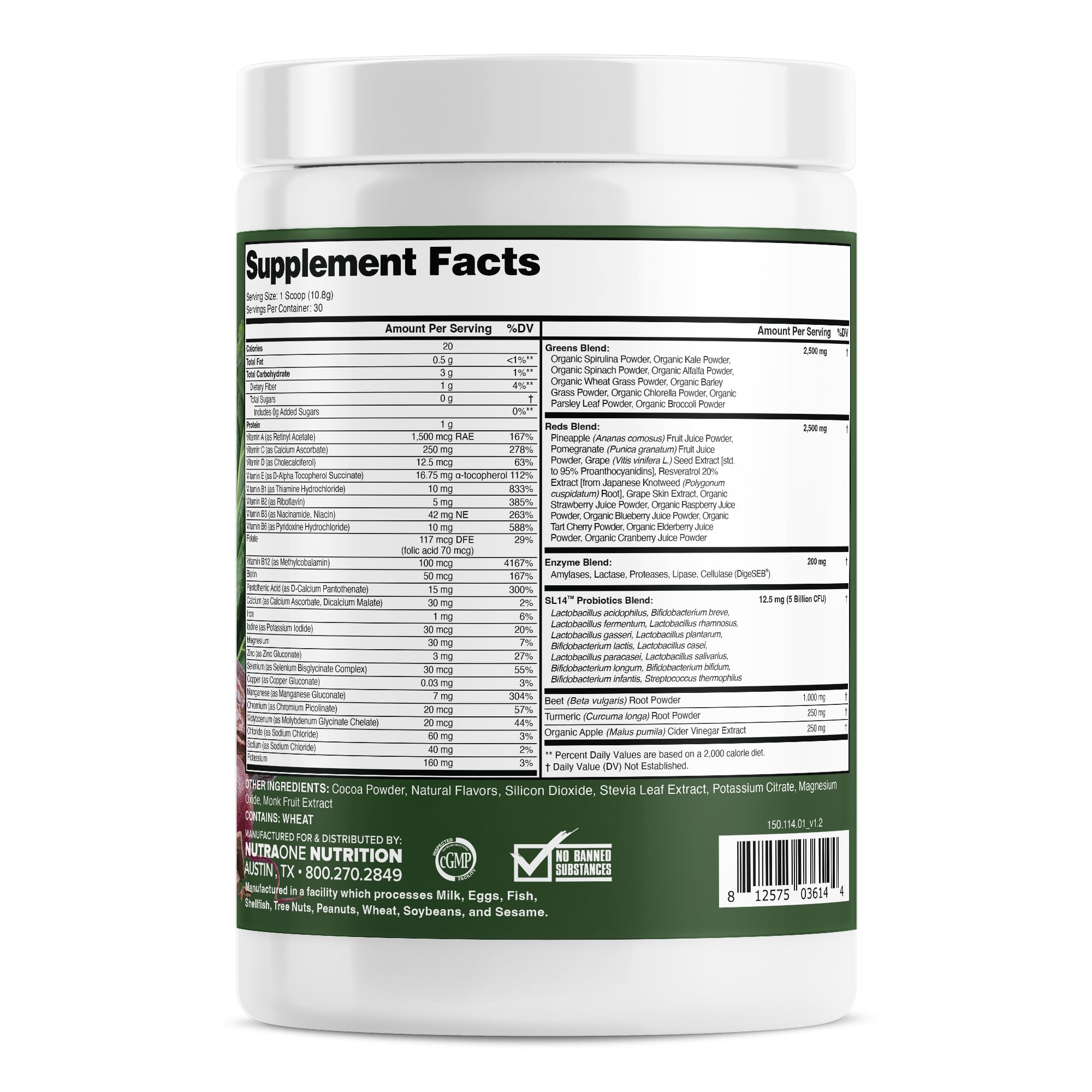 NutraOne Complete Superfoods label closeup highlights ingredients and nutrition.
