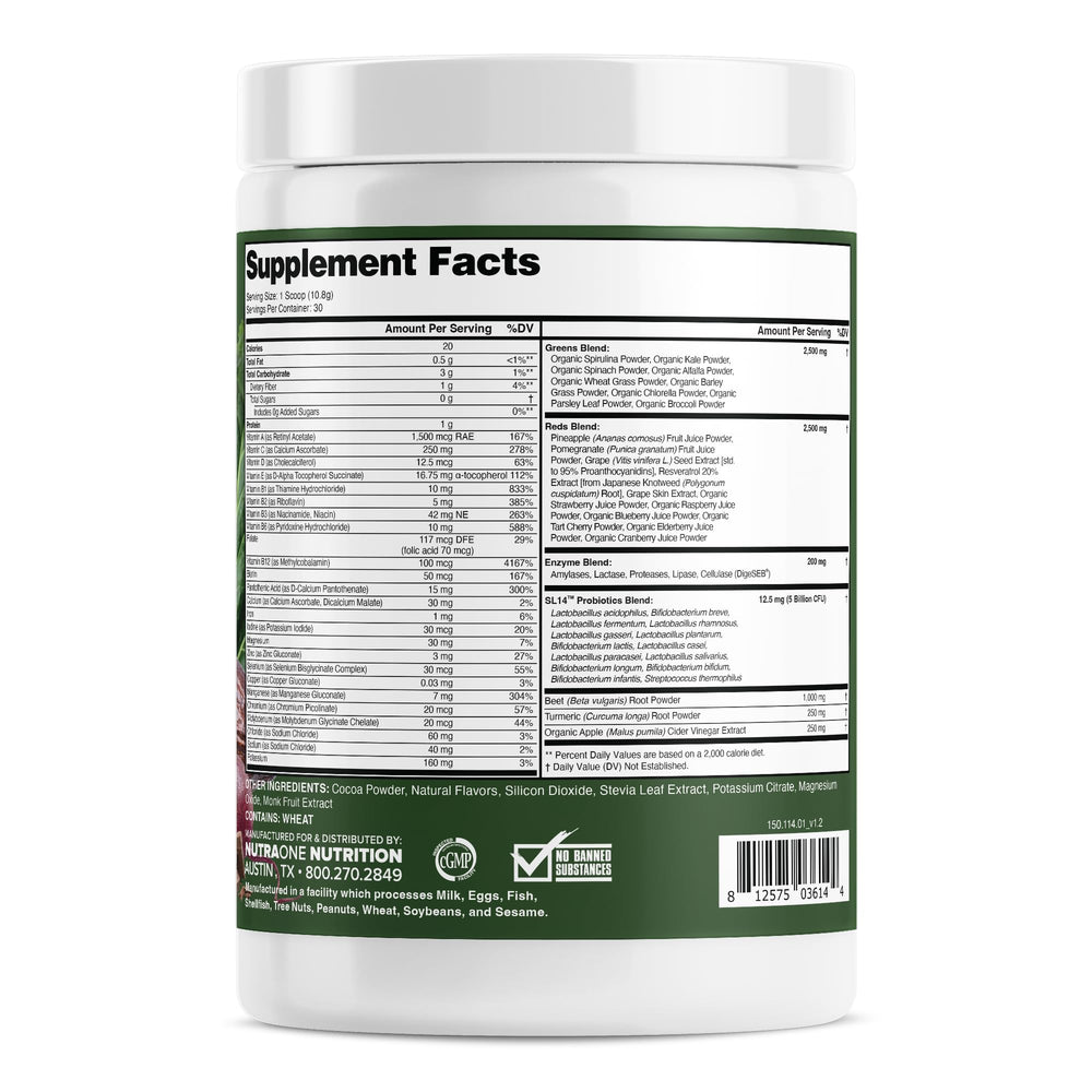 NutraOne Complete Superfoods label closeup highlights ingredients and nutrition.