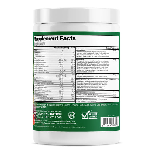 NutraOne Complete Superfoods packaging on shelf highlights greens and reds