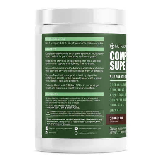 NutraOne Complete Superfoods spoon dispensing powder for quick, on-the-go mix.