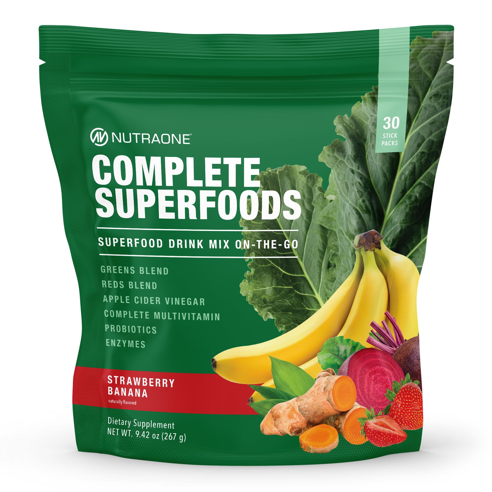 NutraOne Complete Superfoods bottle with label, convenient daily wellness at home or commuting.